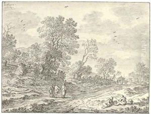 Two peasants reclining on a bank by a road, three travellers and two carts seen beyond by Pieter de Molyn