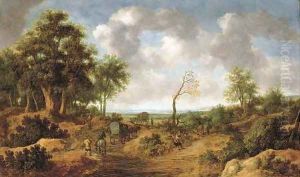 A wooded landscape with travellers in wagons on a path