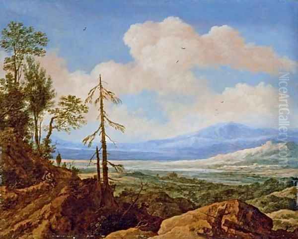 An extensive rocky landscape with a traveller resting on a path - view 1
