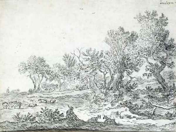 An extensive wooded landscape with a shepherd and his flock - view 1