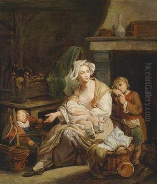 A Rustic Interior With A Young Mother Andher Three Children - view 1