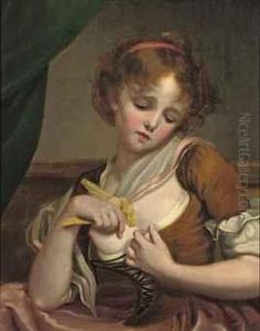 Young Girl In A Red Dress Holding A Bird by Jean Baptiste Greuze