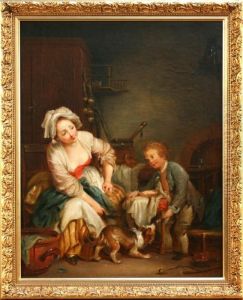 French Kitchen Interior With A Lady Seated Near A Young Boy Feeding A Spaniel