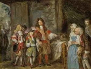 Elegant Figures In An Interior With Peasants, A Groom And Horse Beyond by Jean Baptiste Greuze