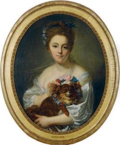 Portrait Of A Girl With Her Spaniel Wearing A Flowered Wreath by Jean Baptiste Greuze