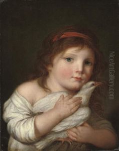 A Young Girl In A White Smock, Holding A Dove