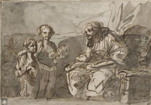 Une Femme Assise Avec Deux Enfants Devant Elle by Jean Baptiste Greuze