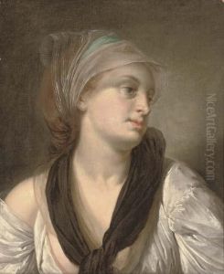 Portrait Of A Lady, Bust-length,
In A White Dress And Black Shawl, A Blue And White Scarf In Her Hair by Jean Baptiste Greuze