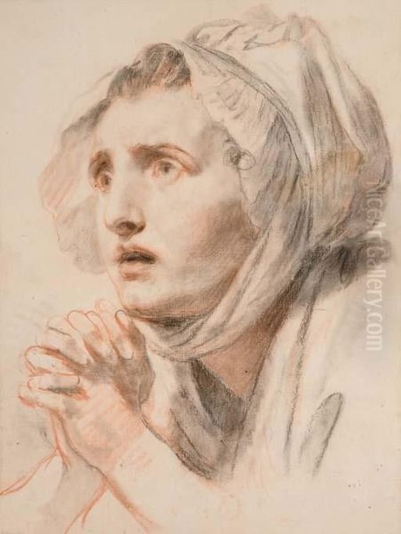 Portrait D'une Jeune Femme Les Mains Jointes, Vue De Trois-quarts Tournee Vers La Gauche - view 1