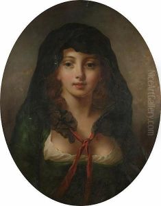 Portrait Bust Length Of A Beautiful Girl Wearing A Black Cape With A Red Ribbon