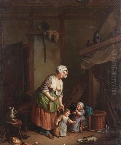 A Kitchen Interior With A Peasant Woman And Her Children by Jean Baptiste Greuze