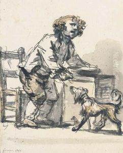 L'enfant Gate: A Boy Standing At A Table Feeding A Dog With Aspoon by Jean Baptiste Greuze