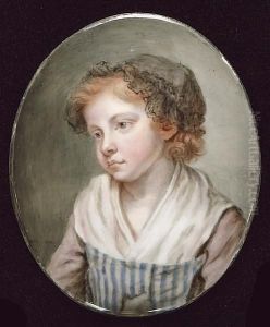 Anna Greuze, Wearing Blue And
White Striped Bodice With Mauve Sleeves, A Black Lace Trimmed Cap Over
Her Auburn Hair by Jean Baptiste Greuze