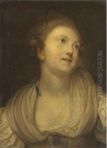 Portrait Of A Young Lady, Bust-length, In A Beige Decollete Dress With A Blue Ribbon by Jean Baptiste Greuze