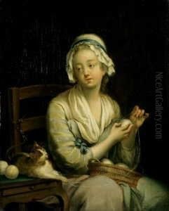 Zwei Genreszenen. 1. "la
Devideuse". Junge Frau Mit Strickkorb Und Katze. Nach Einem Stich Von
J.-j. Flipart Nach Dem Gemalde Von Greuze In Der Frick Collection, New
York. 2. Junge Frau Mit Einem Vogel Und Einer Katze. by Jean Baptiste Greuze