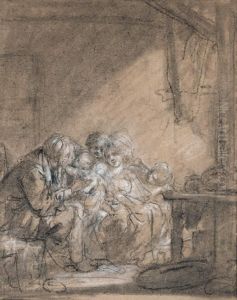 A Mother And Her Children Visited By An Elderly Lady by Jean Baptiste Greuze