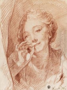 A Young Woman Appearing Behind A Curtain, Her Hand At Hermouth by Jean Baptiste Greuze