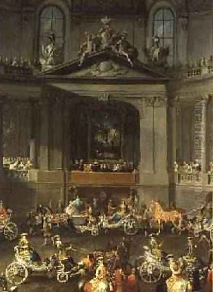 A Cavalcade in the Winter Riding School of the Vienna Hof to celebrate the defeat of the French Army at Prague showing the equestrian portrait of Emperor Charles VI 1743 - view 1