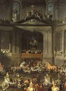 A Cavalcade in the Winter Riding School of the Vienna Hof to celebrate the defeat of the French Army at Prague showing the equestrian portrait of Emperor Charles VI 1743