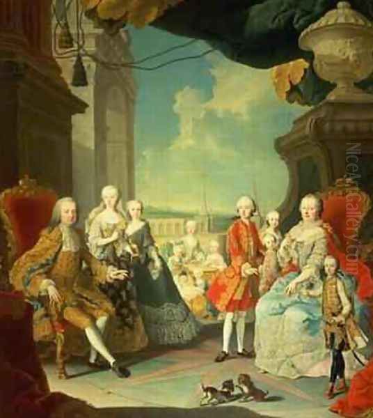 Maria Theresa and her Husband at the staircase leading from the Great Hall of Schloss Schonbrunn into the large courtyard - view 1