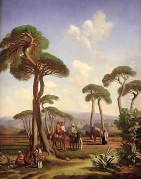 Arabs and Camels in Wooded Landscape - view 1