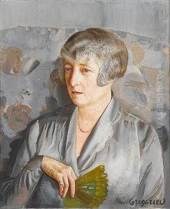 Portrait Of Madam Barthelemy With Green Fan by Boris Dmitrievich Grigoriev
