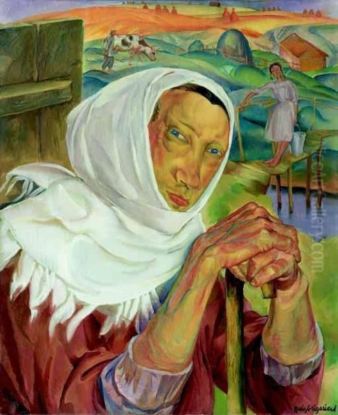 Portrait De Paysanne Dans La Campagne "du Cycle Visage De Russie",
 Circa 1920 - view 1