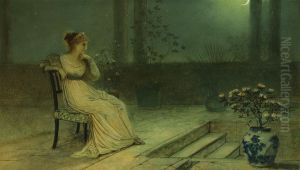 A Classical Maiden Seated On A Terrace By Moonlight by John Atkinson Grimshaw