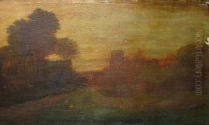 Figures With Sheep Near An Abbey At Sunset by John Atkinson Grimshaw