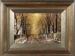 "golden Idyll" - A Female Figure On An Autumnal Suburban Street by John Atkinson Grimshaw