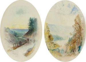 A Shepherd Driving His Flock Over A Bridge; And A Lake Seen Through Trees by John Atkinson Grimshaw