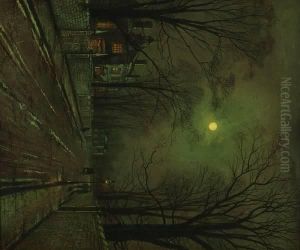 Attributed To John Atkinson Grimshaw . October's Full Moon On Village Street by John Atkinson Grimshaw