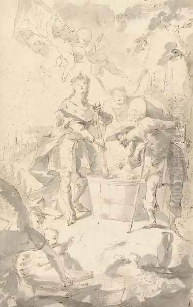 Saint Wendelin, Patron Saint of vineyards and vignerons, attended by angels and putti - view 1