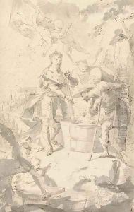 Saint Wendelin, Patron Saint of vineyards and vignerons, attended by angels and putti