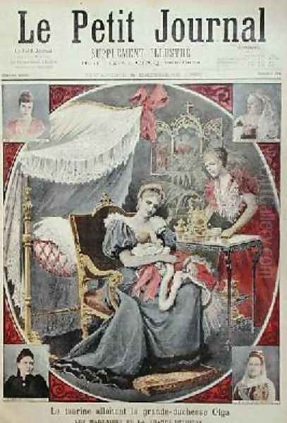 Tsarina Alexandra Feodrovna 1872-1918 breastfeeding Grand Duchess Olga 1895-1918 from the front cover of Le Petit Journal 8th December 1895 - view 1