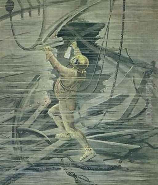 A Deep Sea Diver Looking at the Wrecks in the Port of Le Havre from Le Petit Journal 13th February 1892 - view 1