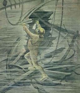 A Deep Sea Diver Looking at the Wrecks in the Port of Le Havre from Le Petit Journal 13th February 1892 by Henri Meyer