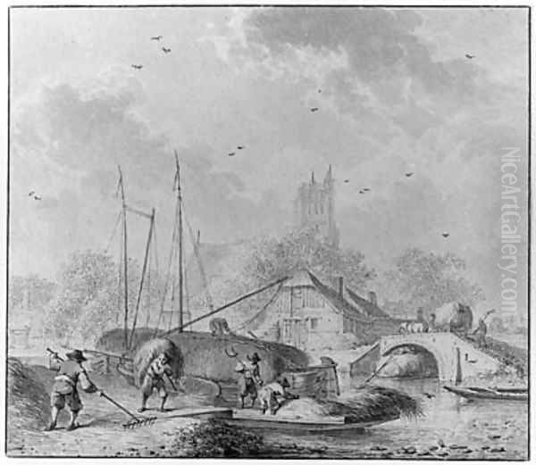 Summer Figures loading Hay onto Boats, a town beyond - view 1