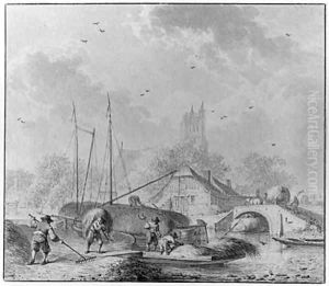 Summer Figures loading Hay onto Boats, a town beyond by Henri Meyer