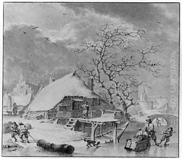 Winter Figures on the Ice near a House, a church beyond - view 1
