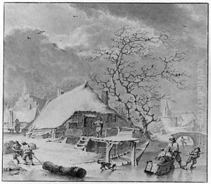 Winter Figures on the Ice near a House, a church beyond by Henri Meyer