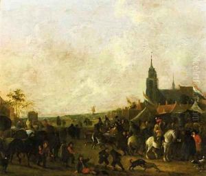 A horse fair outside a town