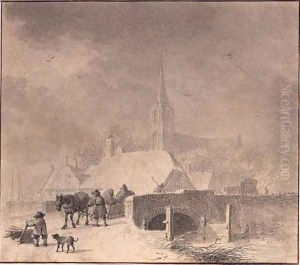A winter landscape with a horse-drawn sledge on bridge near a village