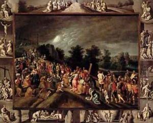 The Road to Calvary Depicted in the Central Panel and Scenes from the Crucifixion and Resurrection on the Frame by Gillis Mostaert