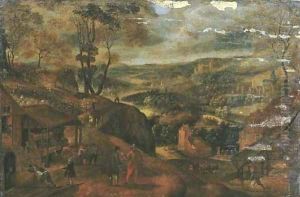 Autumn an extensive landscape with the vendange by Gillis Mostaert