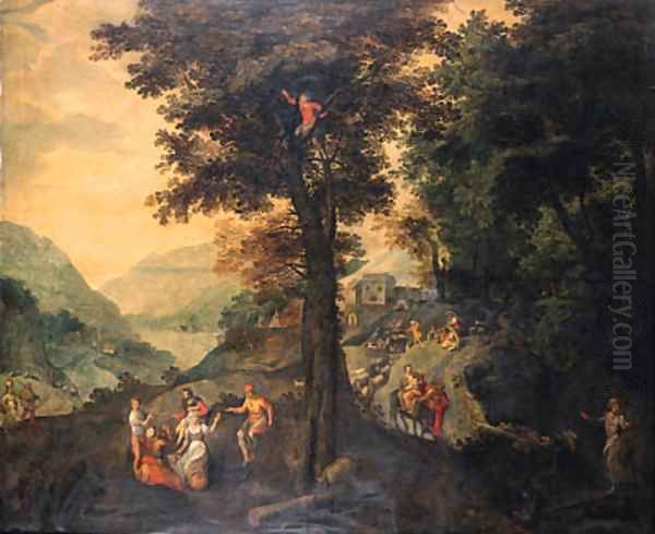 The Flight into Egypt with peasants resting under a tree nearby and a shepherd with his flock on a road beyond, a valley in the distance - view 1