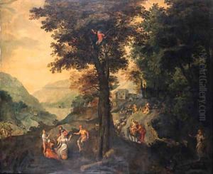 The Flight into Egypt with peasants resting under a tree nearby and a shepherd with his flock on a road beyond, a valley in the distance by Gillis Mostaert
