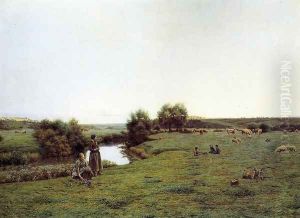 Picking Wildflowers in a Pastoral Landscape by Jean Ferdinand Monchablon