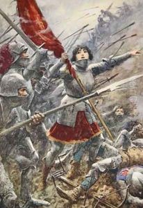 Joan of Arc leading her men holding the standard