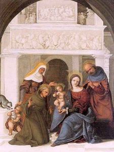 The Holy Family with Saint Francis 1520 by Ludovico Mazzolino